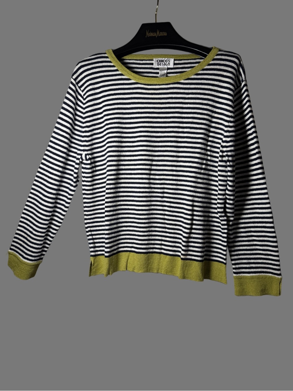 Chico's Navy & White Striped Crewneck with Olive Trim
